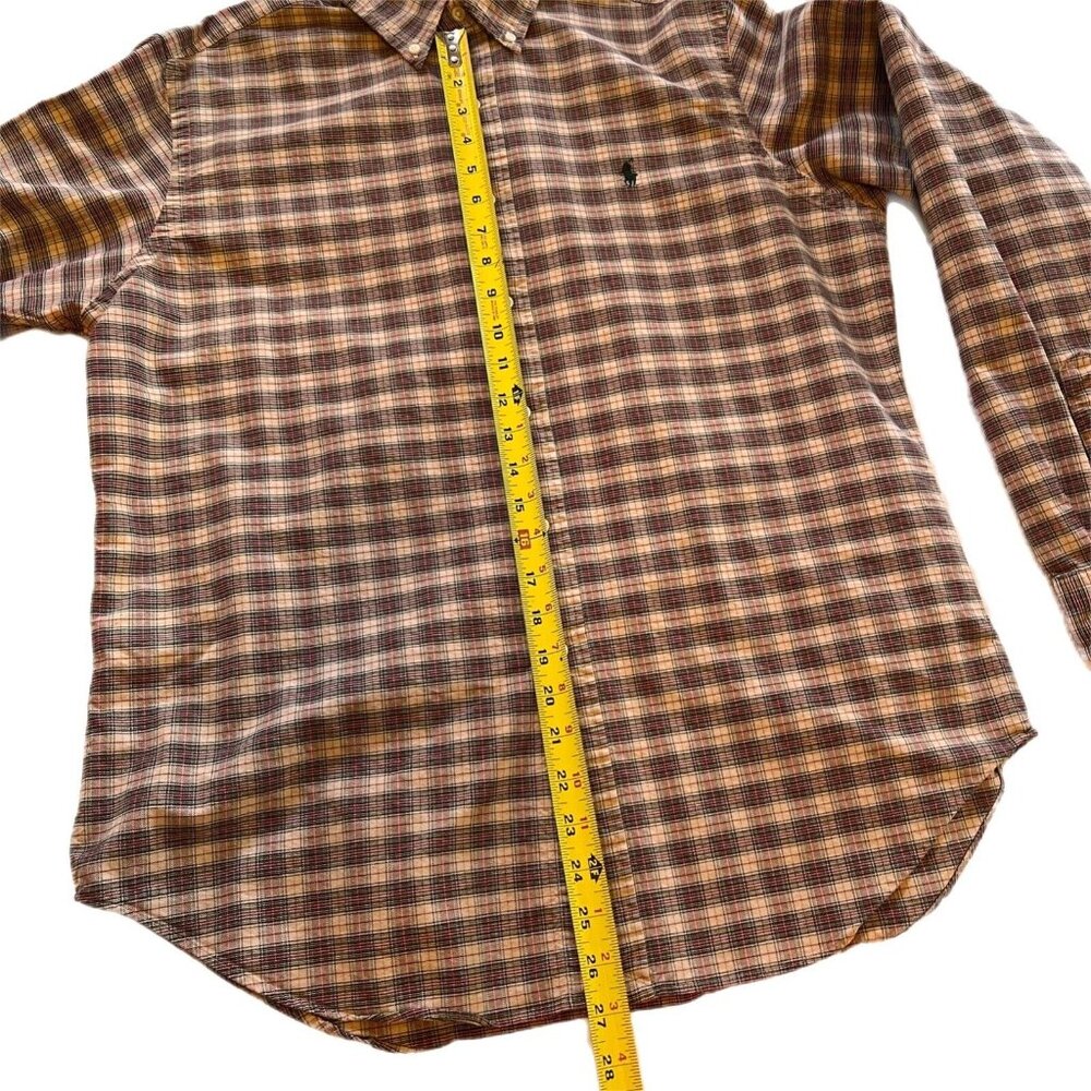 Ralph Lauren Classic Fit Plaid Button Down Shirt Large Pony Logo Tan Green Red - Picture 10 of 11
